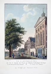 Näkymä Amsterdamiin nro 12. De R.C. Kerk De Pool en het Kweekschool der Zeeraart. De Poolin katolinen kirkko ja merikoulu, 1825 (käsinvärinen kaiverrus)